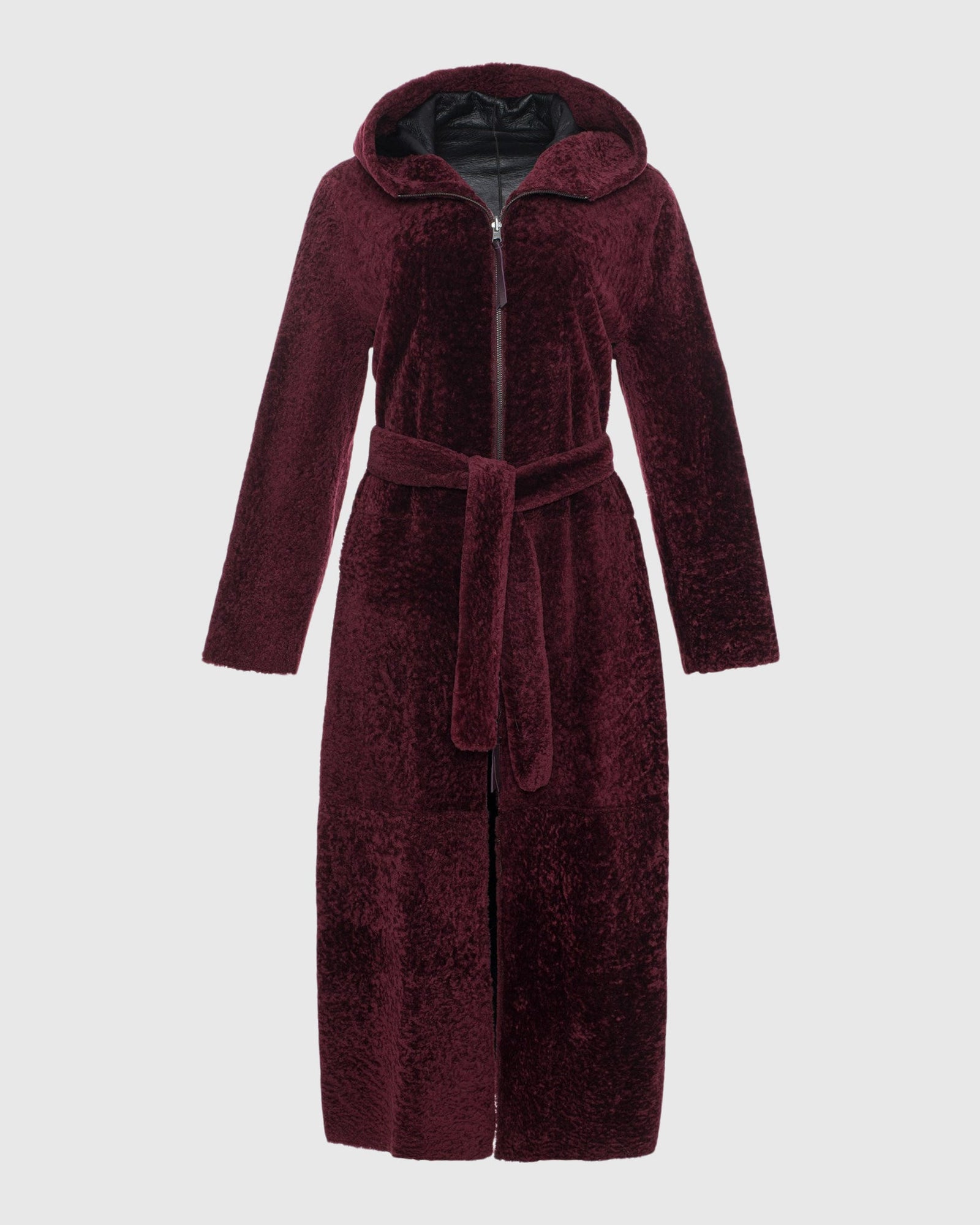 Select Shearling Lamb Zip Parka With Belt | Burgundy/Black