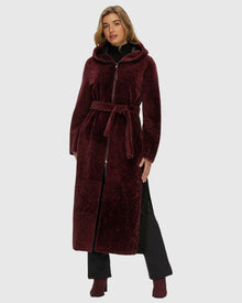 Select Shearling Lamb Zip Parka With Belt | Burgundy/Black