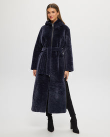 Select Shearling Lamb Zip Parka With Belt | Women | Dark Blue x Dark Blue