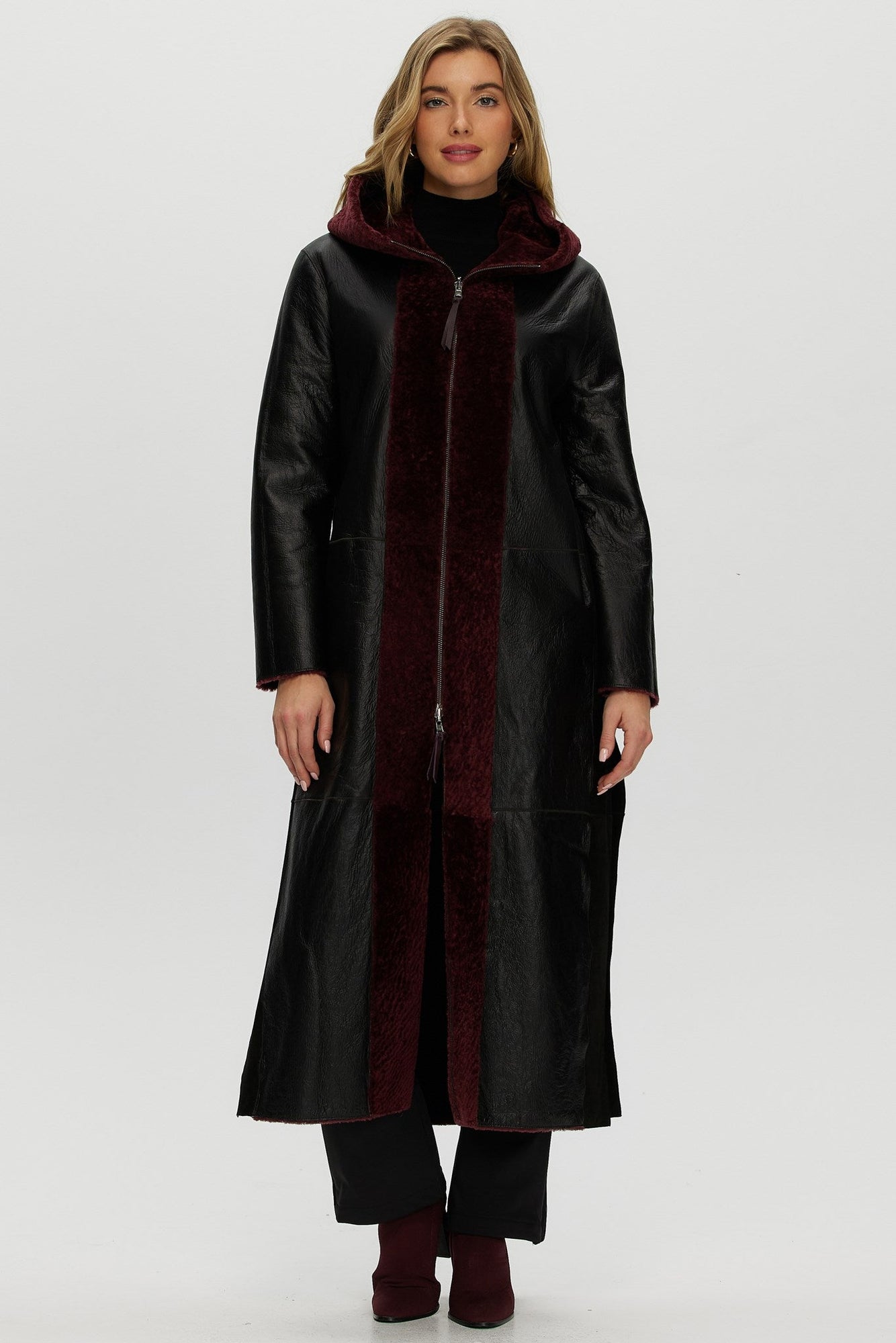 Select Shearling Lamb Zip Parka With Belt | Women | Burgundy x Black