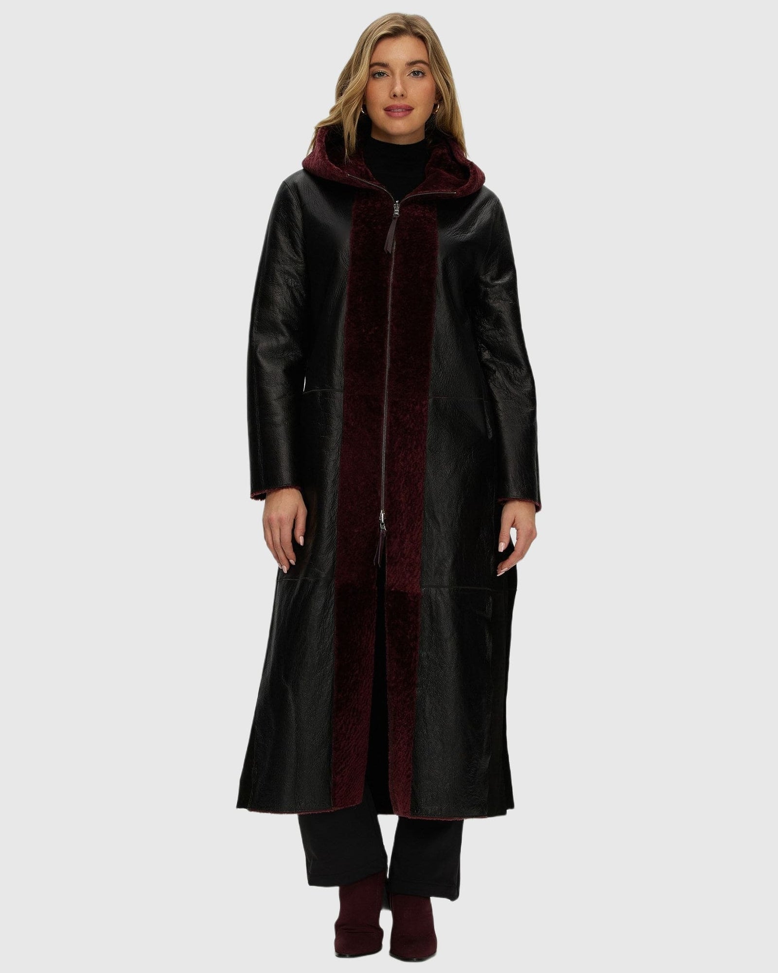 Select Shearling Lamb Zip Parka With Belt | Burgundy/Black