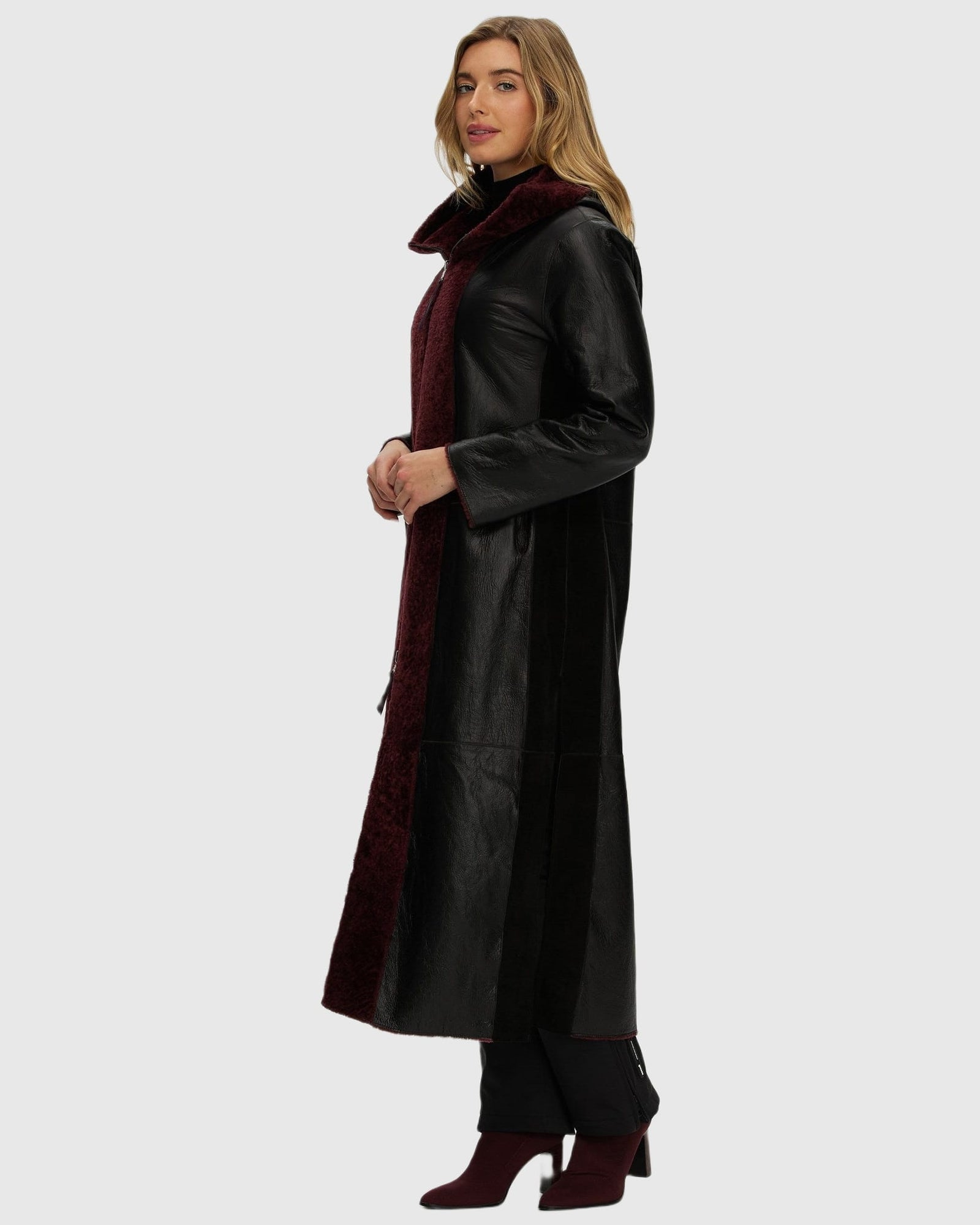 Select Shearling Lamb Zip Parka With Belt | Burgundy/Black