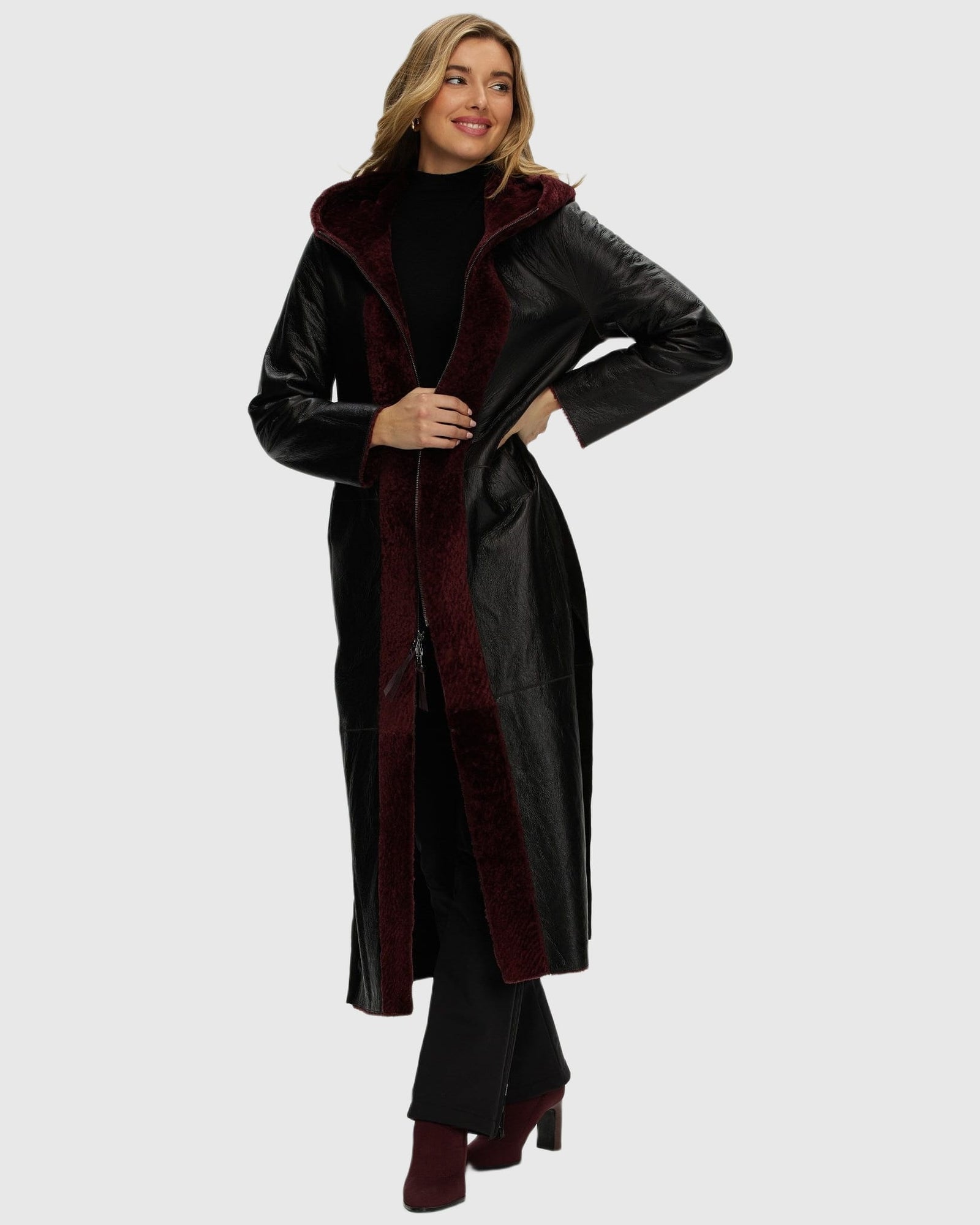 Select Shearling Lamb Zip Parka With Belt | Burgundy/Black