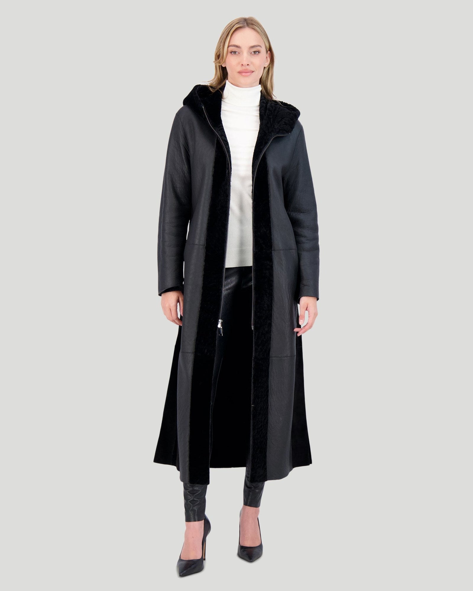 Select Shearling Lamb Zip Parka With Belt | Women | Black x Black