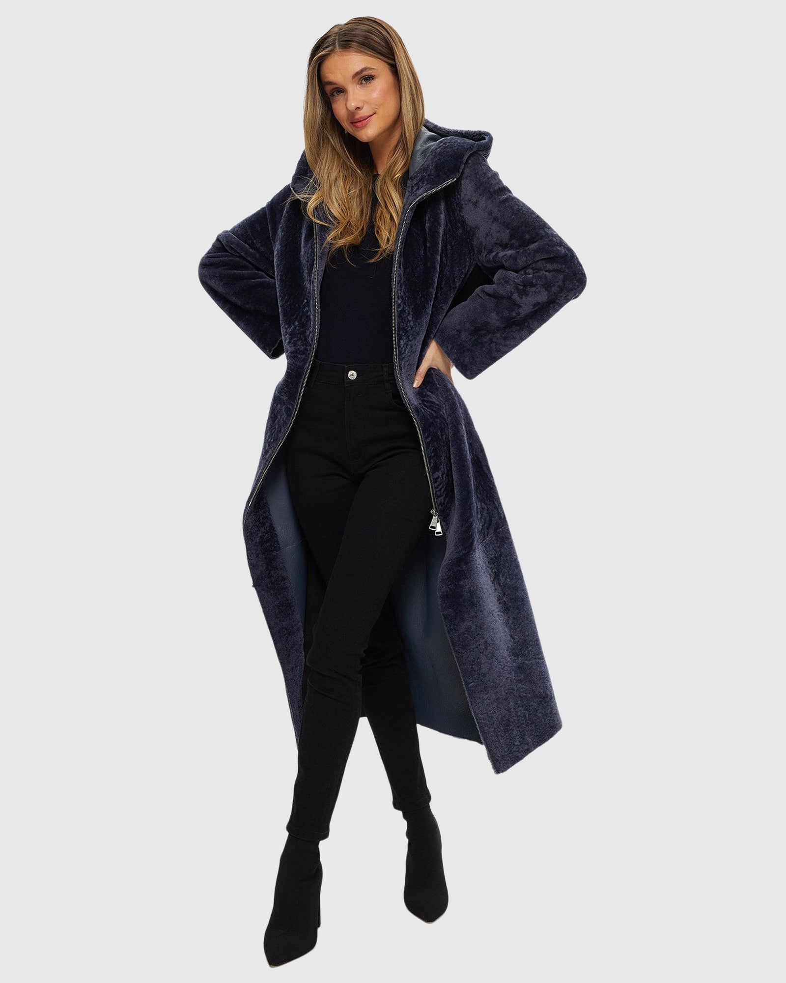 Select Shearling Lamb Zip Parka With Belt | Dark Blue/Dark Blue
