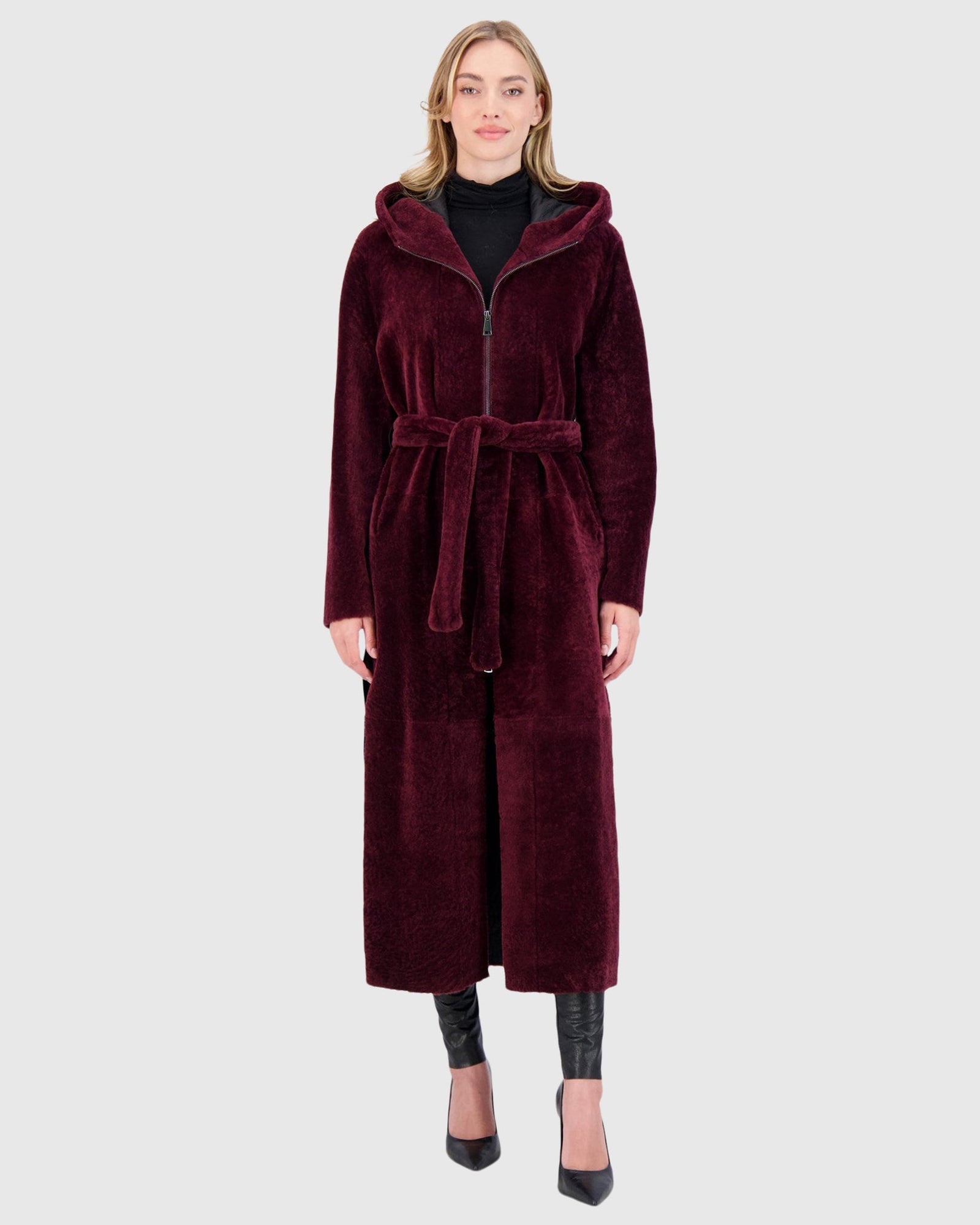 Select Shearling Lamb Zip Parka With Belt | Burgundy/Burgundy