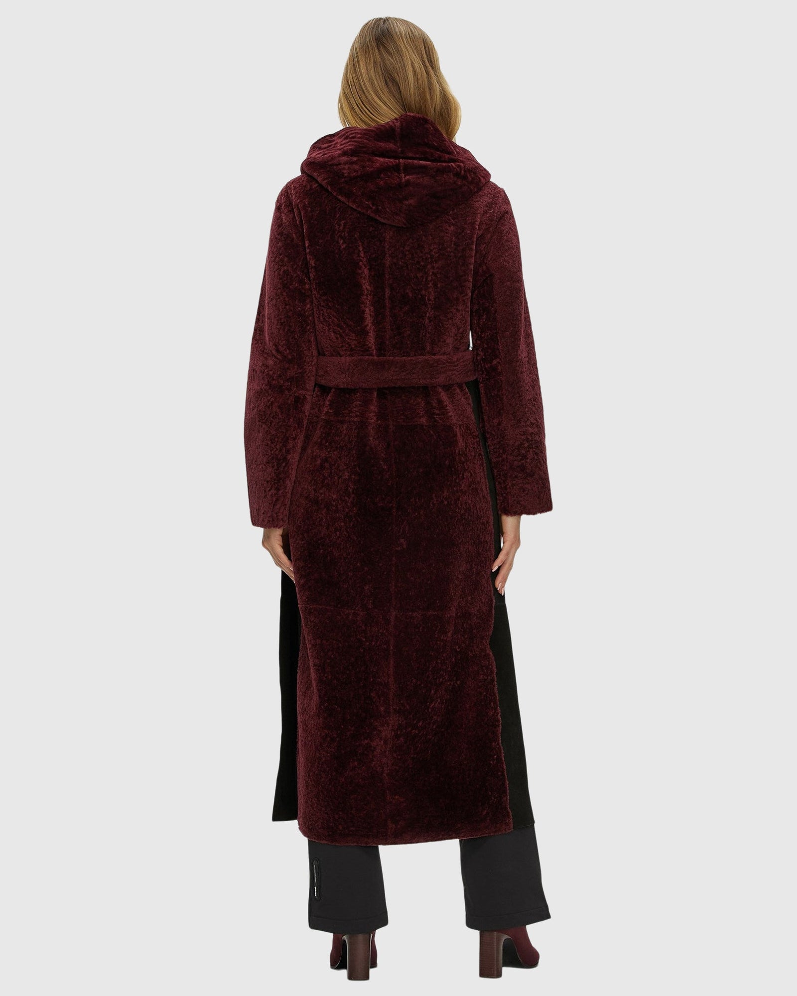 Select Shearling Lamb Zip Parka With Belt | Burgundy/Black