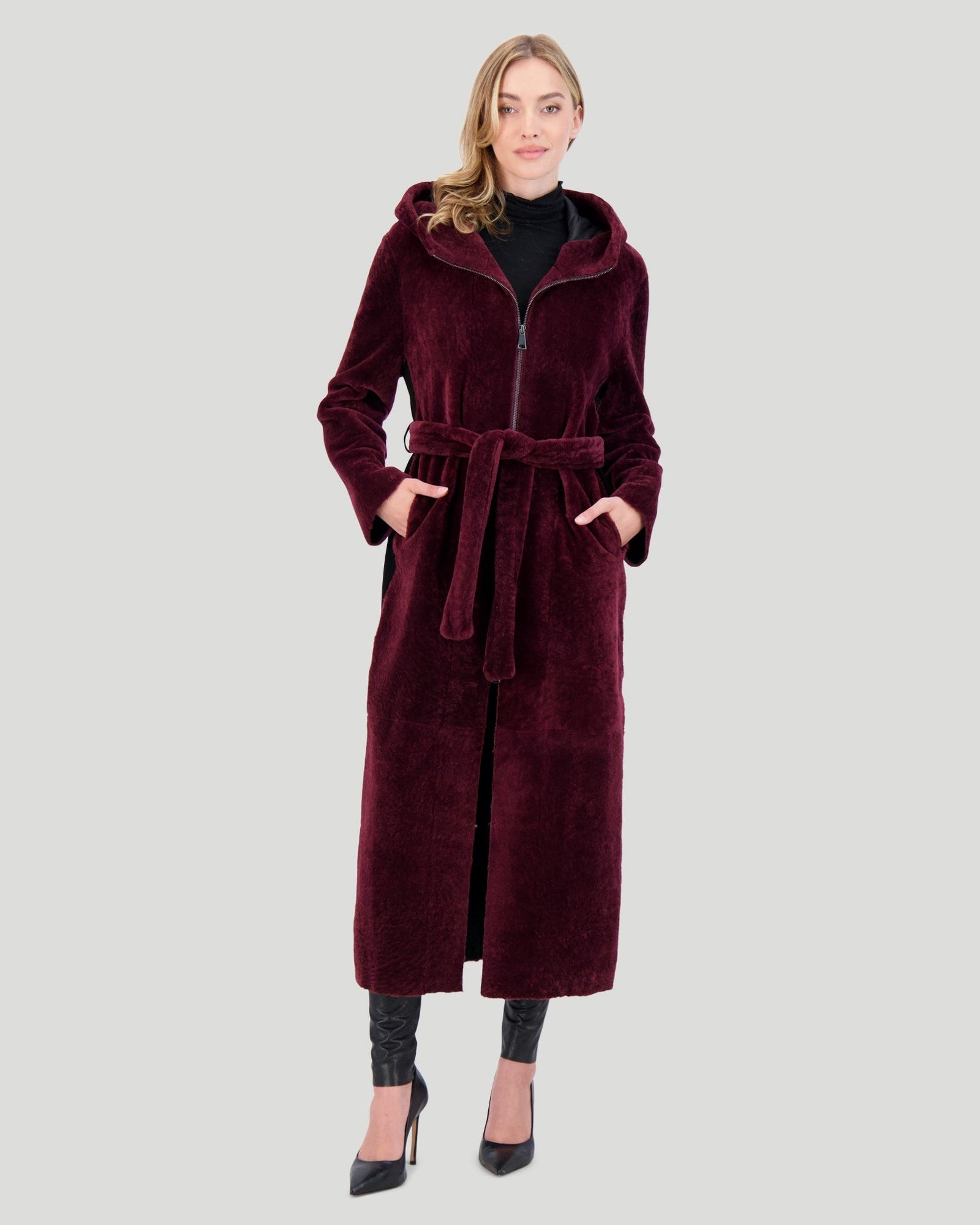 Select Shearling Lamb Zip Parka With Belt | Women | Burgundy x Burgundy