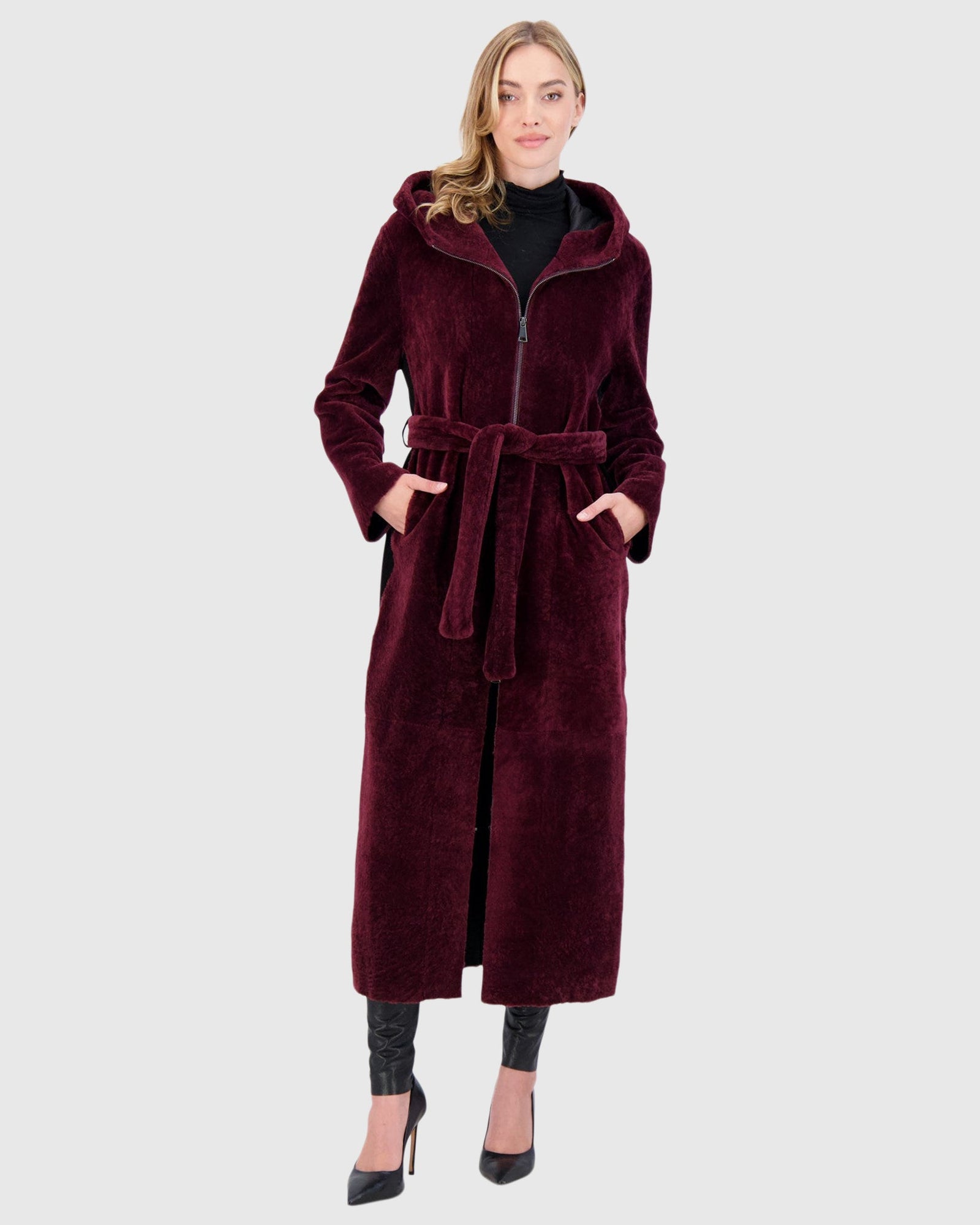 Select Shearling Lamb Zip Parka With Belt | Burgundy/Burgundy