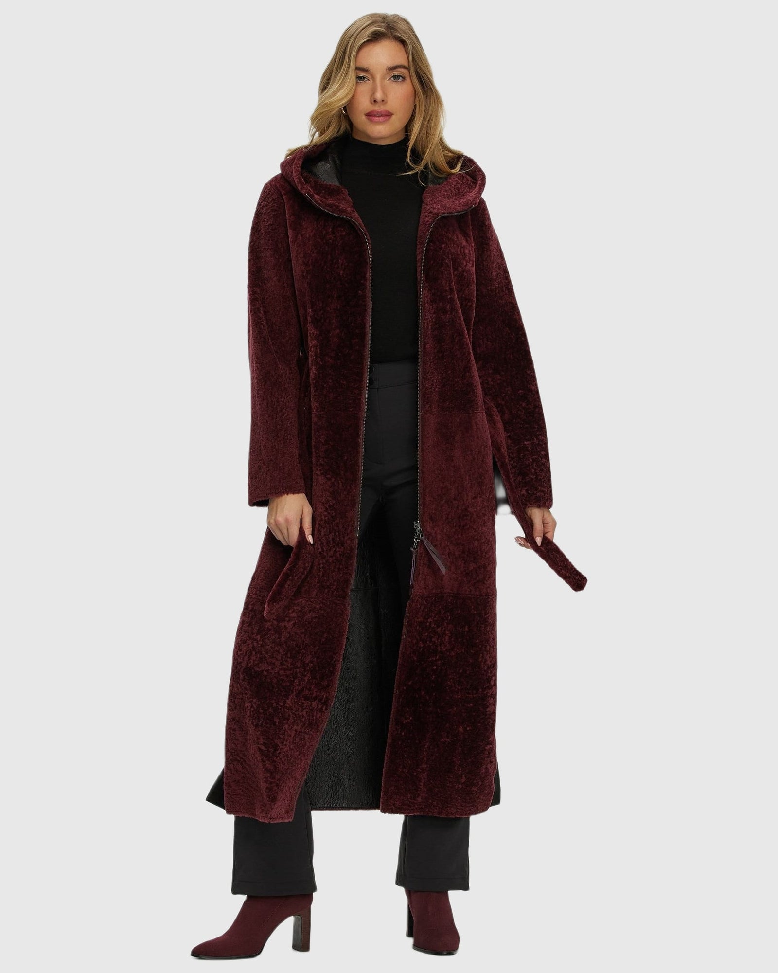 Select Shearling Lamb Zip Parka With Belt | Burgundy/Black