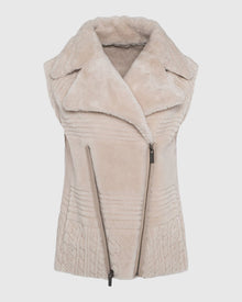 Select Shearling Lamb Zip Vest With Grooved Pattern | Beige