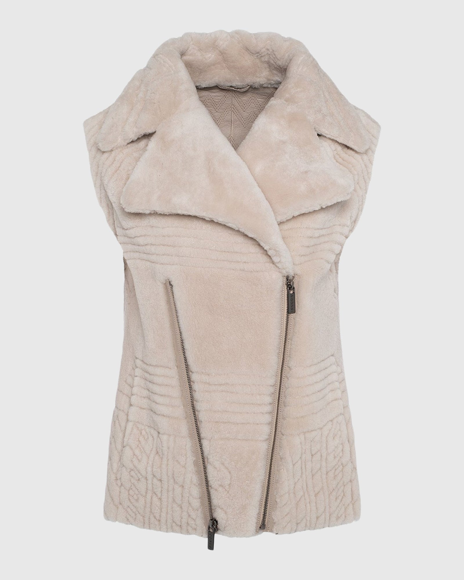 Select Shearling Lamb Zip Vest With Grooved Pattern | Beige