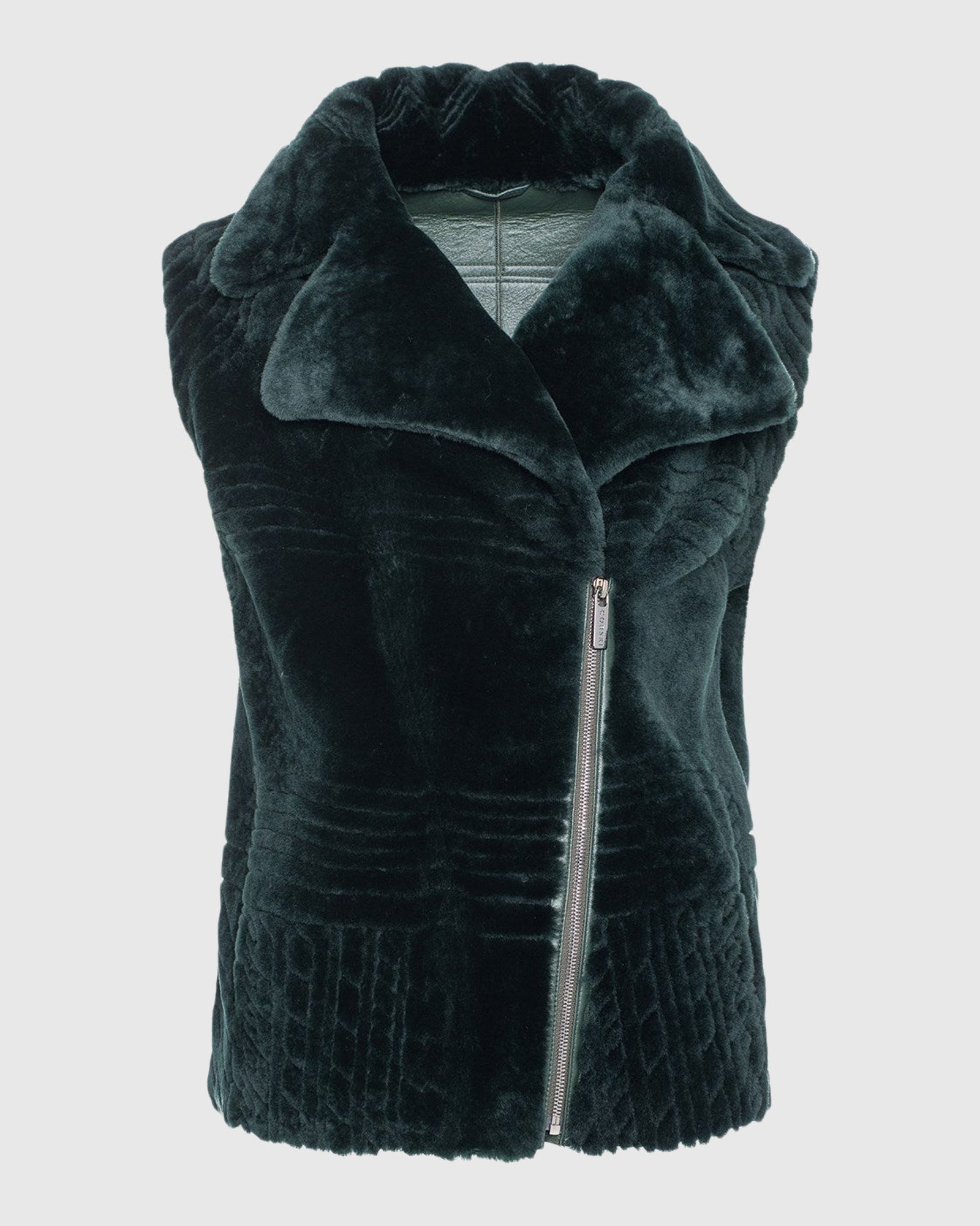 Select Shearling Lamb Zip Vest With Grooved Pattern | Emerald