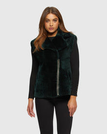 Select Shearling Lamb Zip Vest With Grooved Pattern | Emerald
