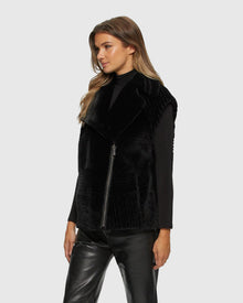 Select Shearling Lamb Zip Vest With Grooved Pattern | Black