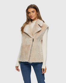 Select Shearling Lamb Zip Vest With Grooved Pattern | Beige