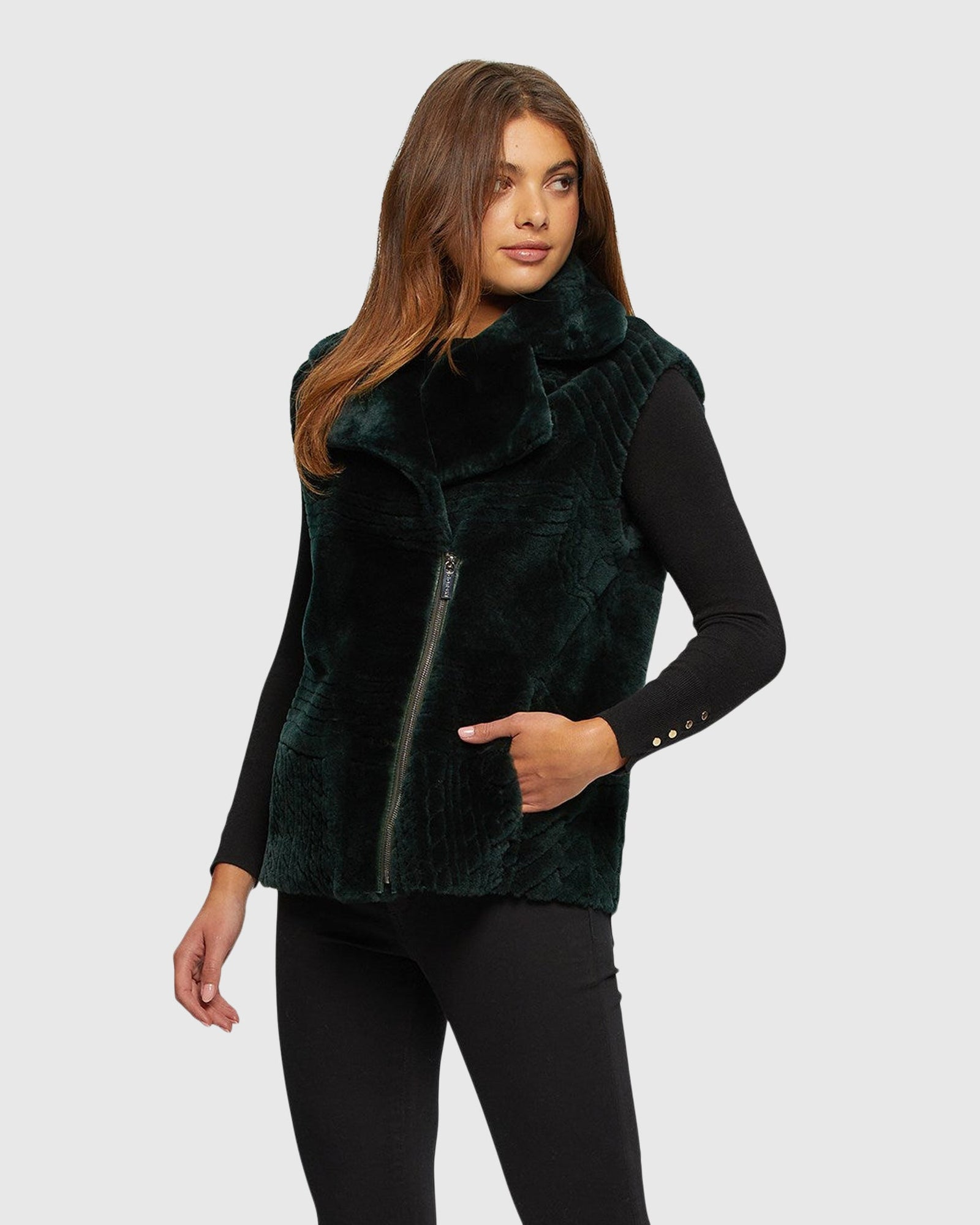 Select Shearling Lamb Zip Vest With Grooved Pattern | Emerald
