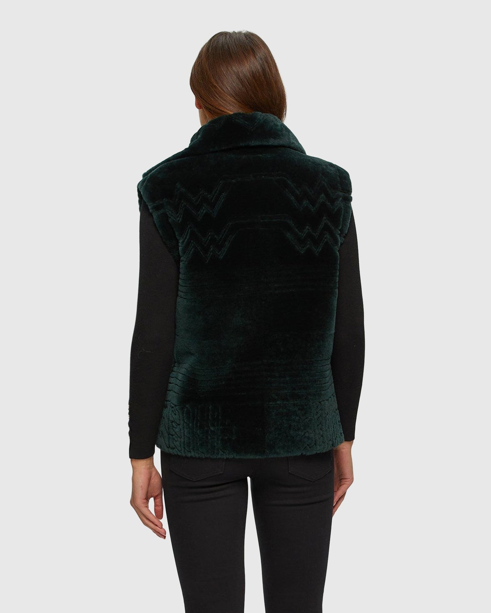 Select Shearling Lamb Zip Vest With Grooved Pattern | Emerald