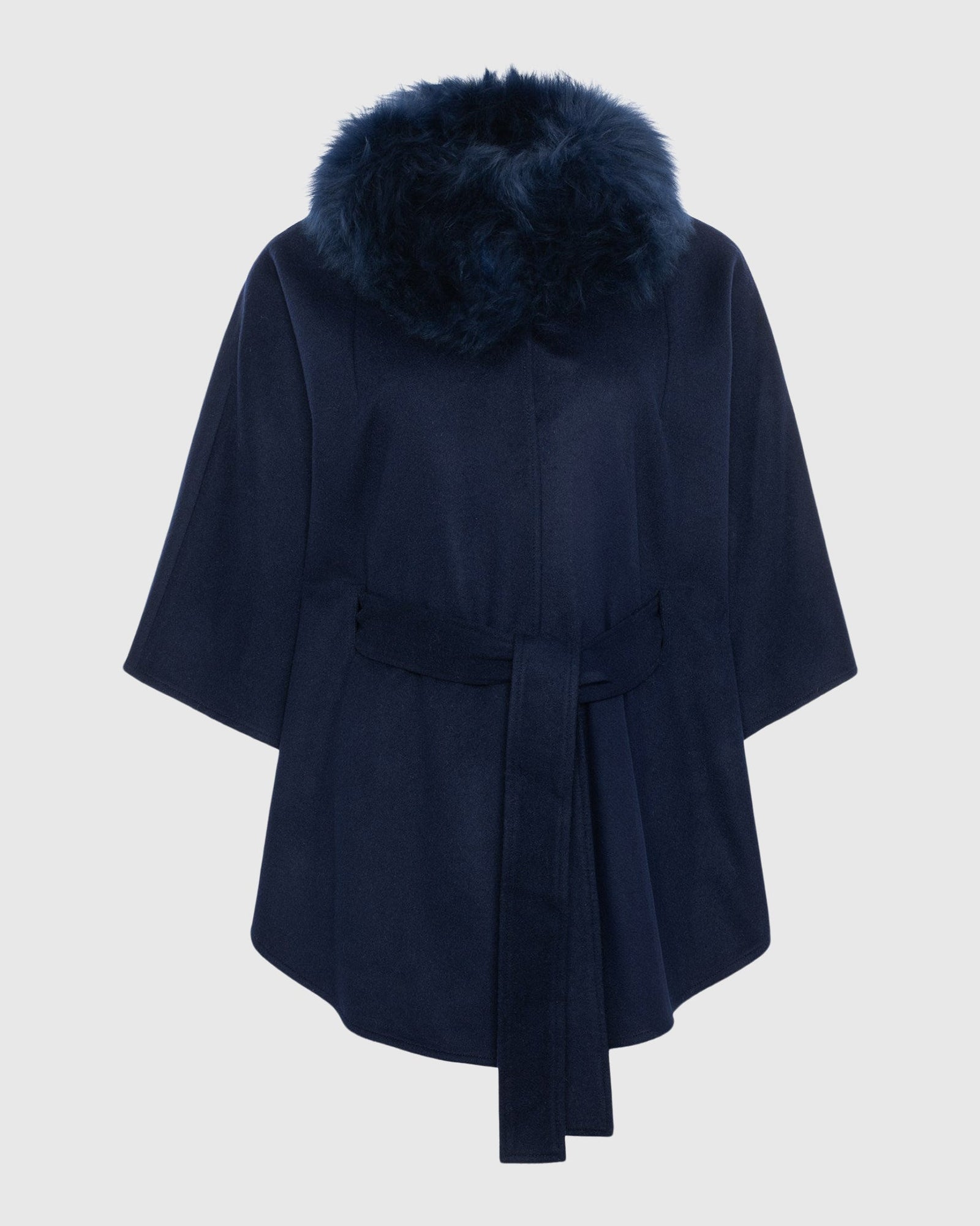 Select Wool Belted Cape with Select Lamb Collar | Navy