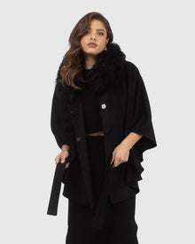 Select Wool Belted Cape with Select Lamb Collar | Black