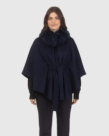 Select Wool Belted Cape with Select Lamb Collar | Navy