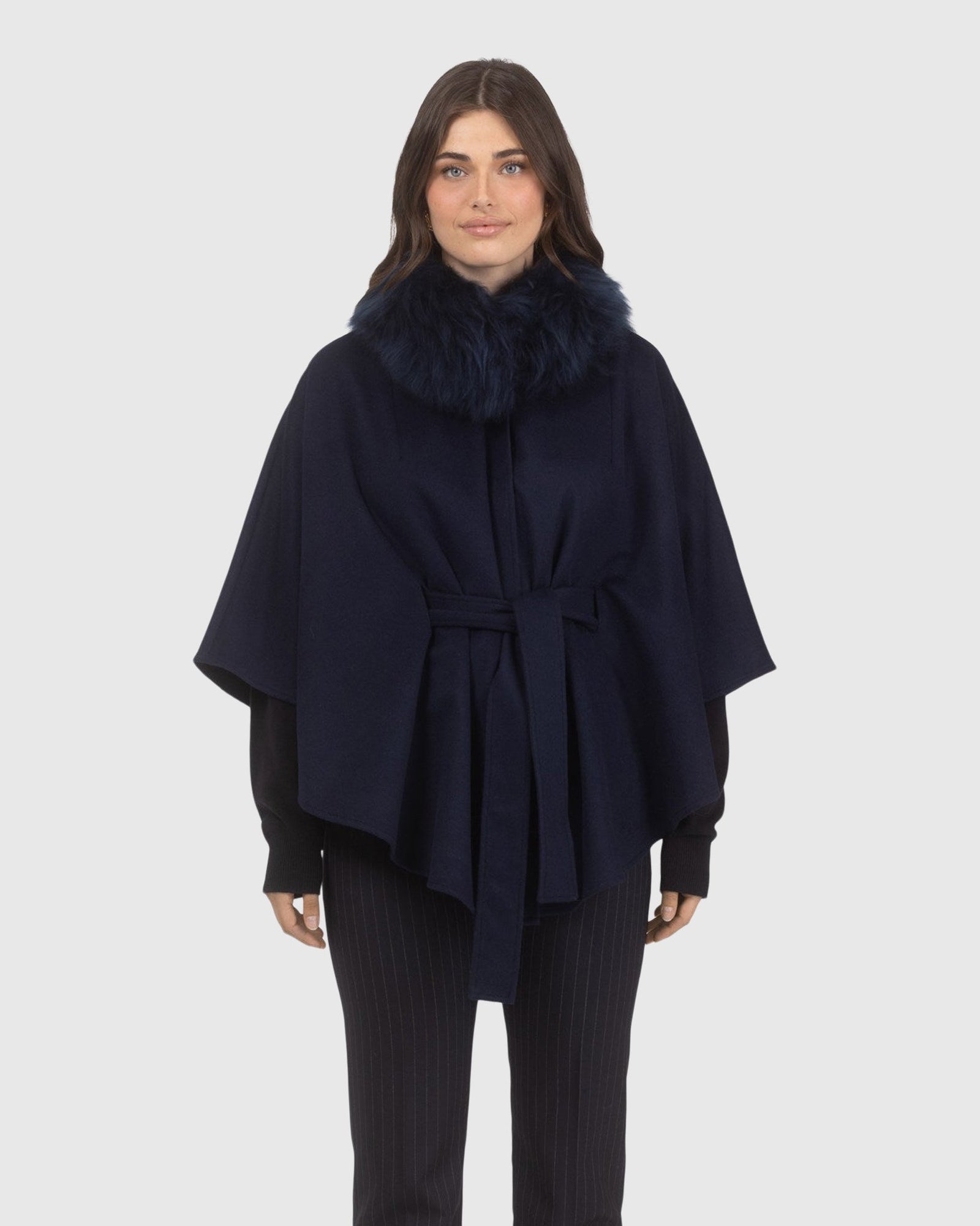 Select Wool Belted Cape with Select Lamb Collar | Navy