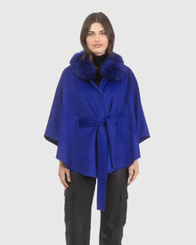 Select Wool Belted Cape with Select Lamb Collar | Cobalt Blue