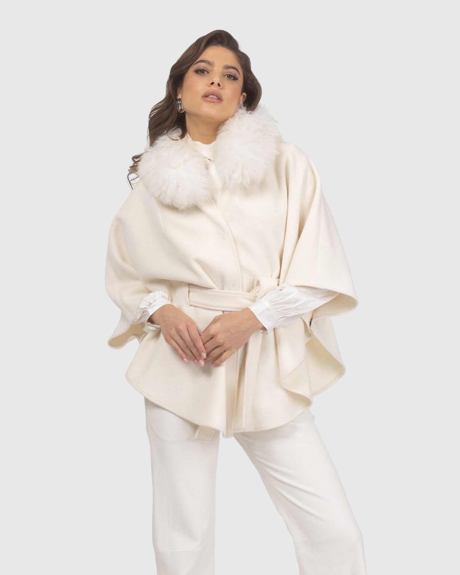 Select Wool Belted Cape with Select Lamb Collar | Ivory