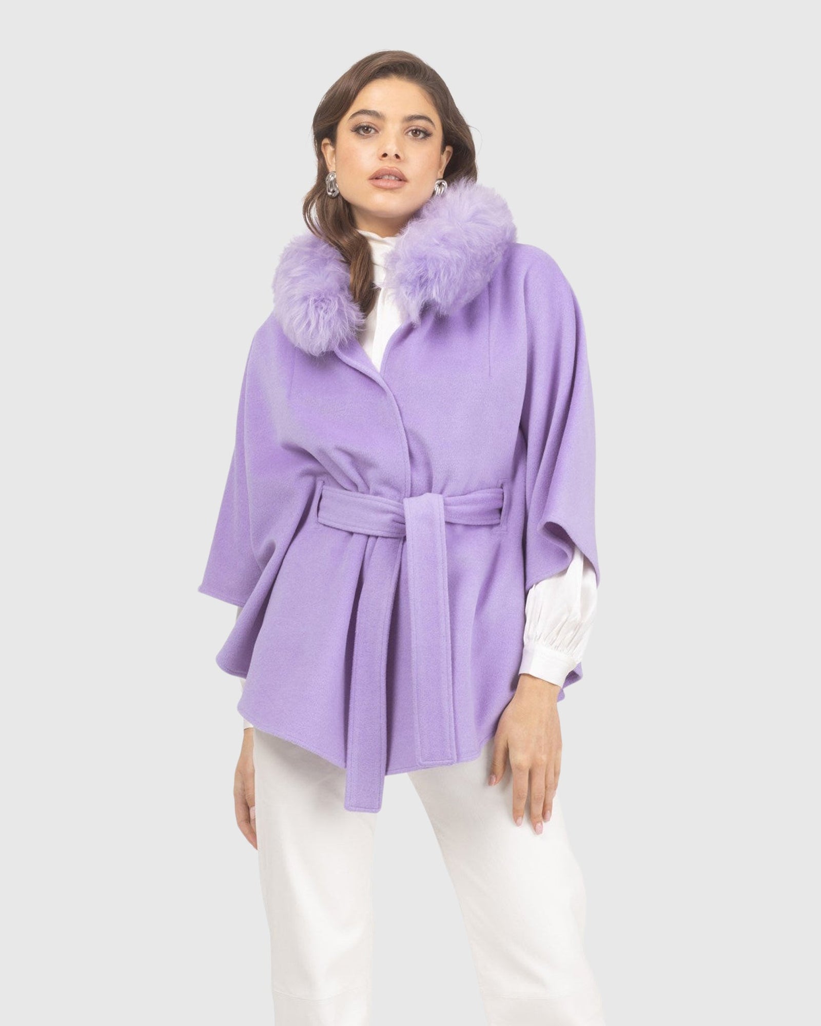 Select Wool Belted Cape with Select Lamb Collar | Lilac