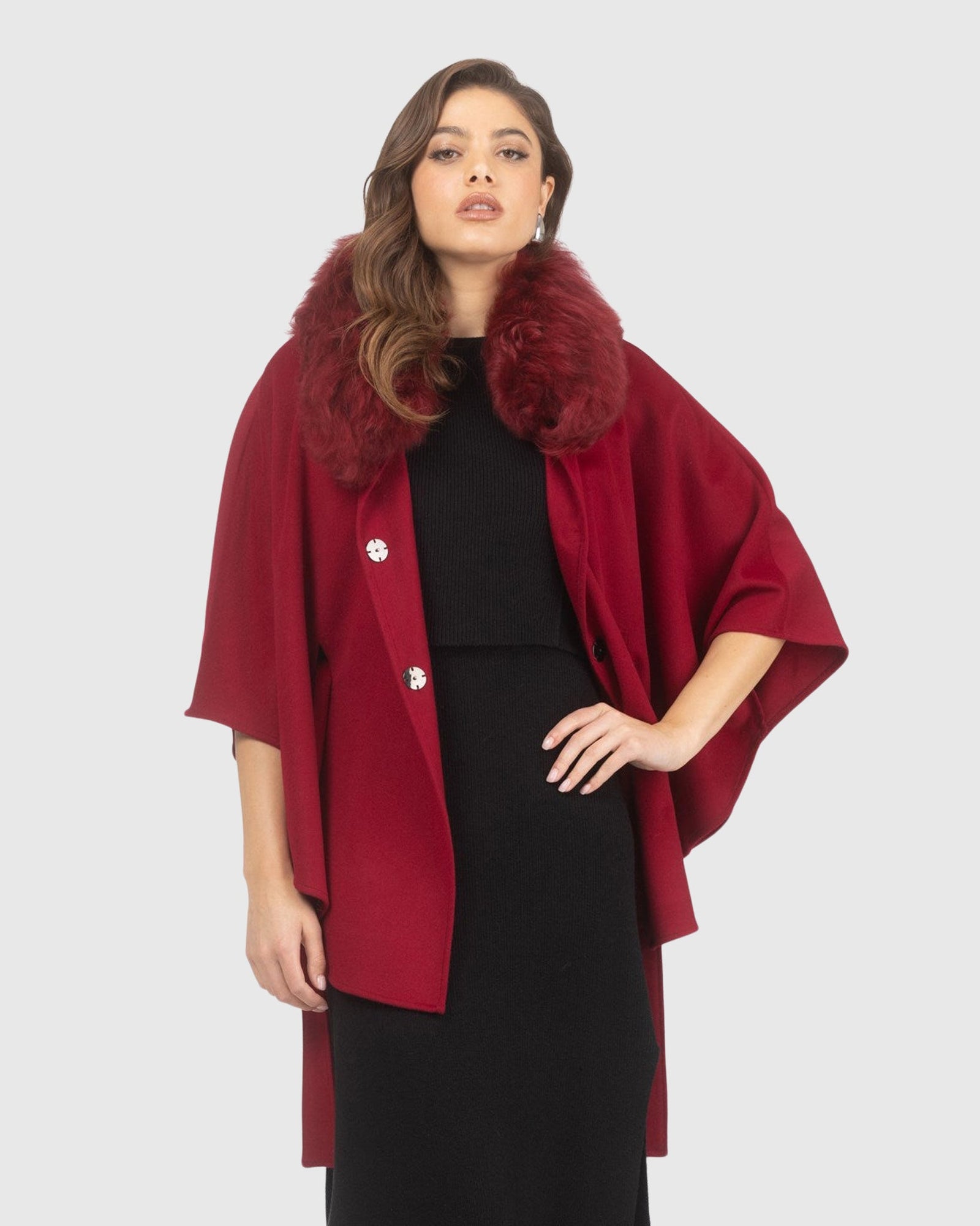 Select Wool Belted Cape with Select Lamb Collar | Wine