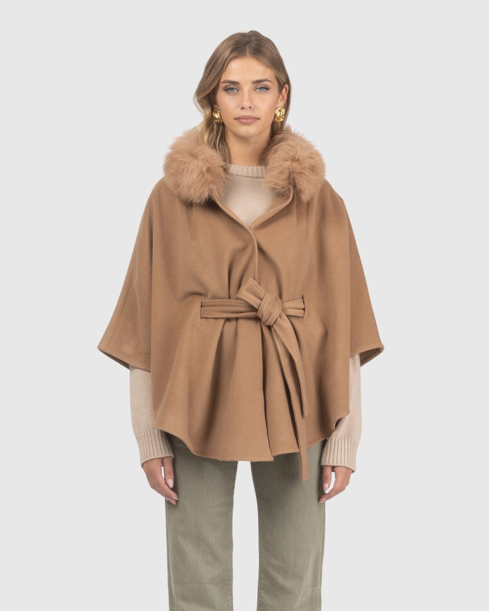 Select Wool Belted Cape with Select Lamb Collar | Camel