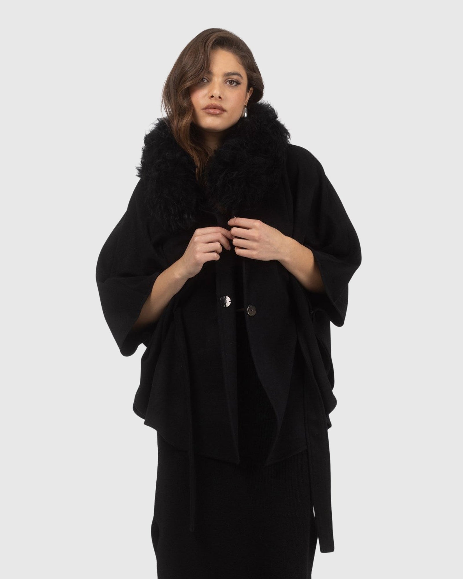 Select Wool Belted Cape with Select Lamb Collar | Black