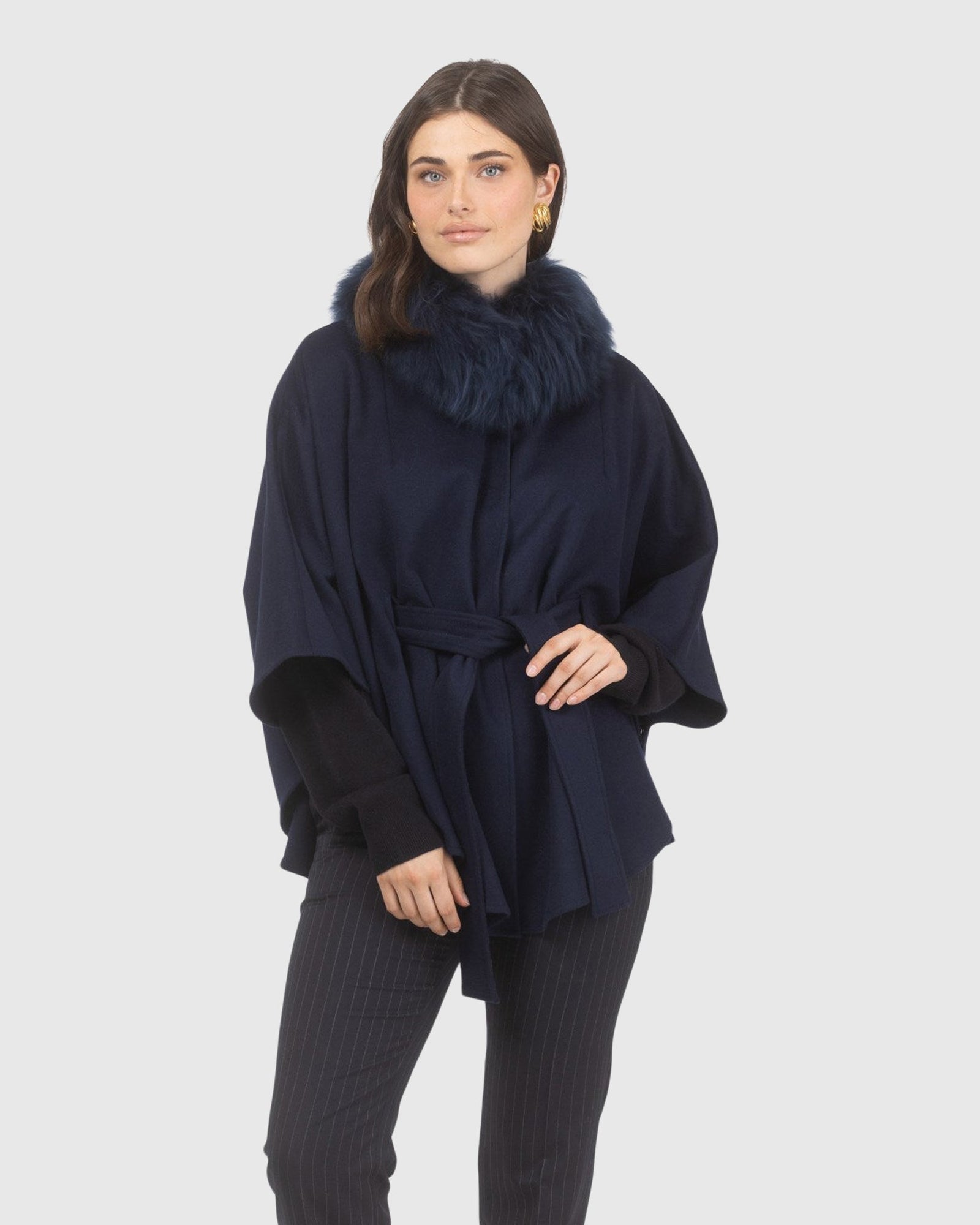 Select Wool Belted Cape with Select Lamb Collar | Navy