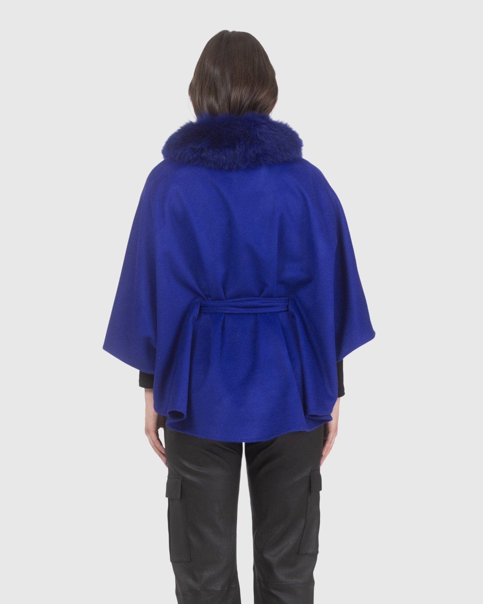 Select Wool Belted Cape with Select Lamb Collar | Cobalt Blue