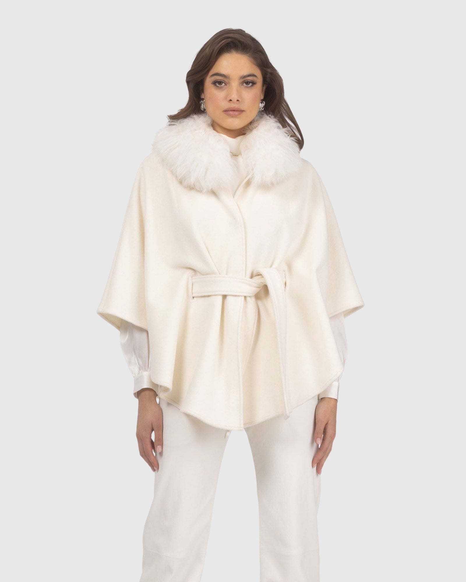 Select Wool Belted Cape with Select Lamb Collar | Ivory