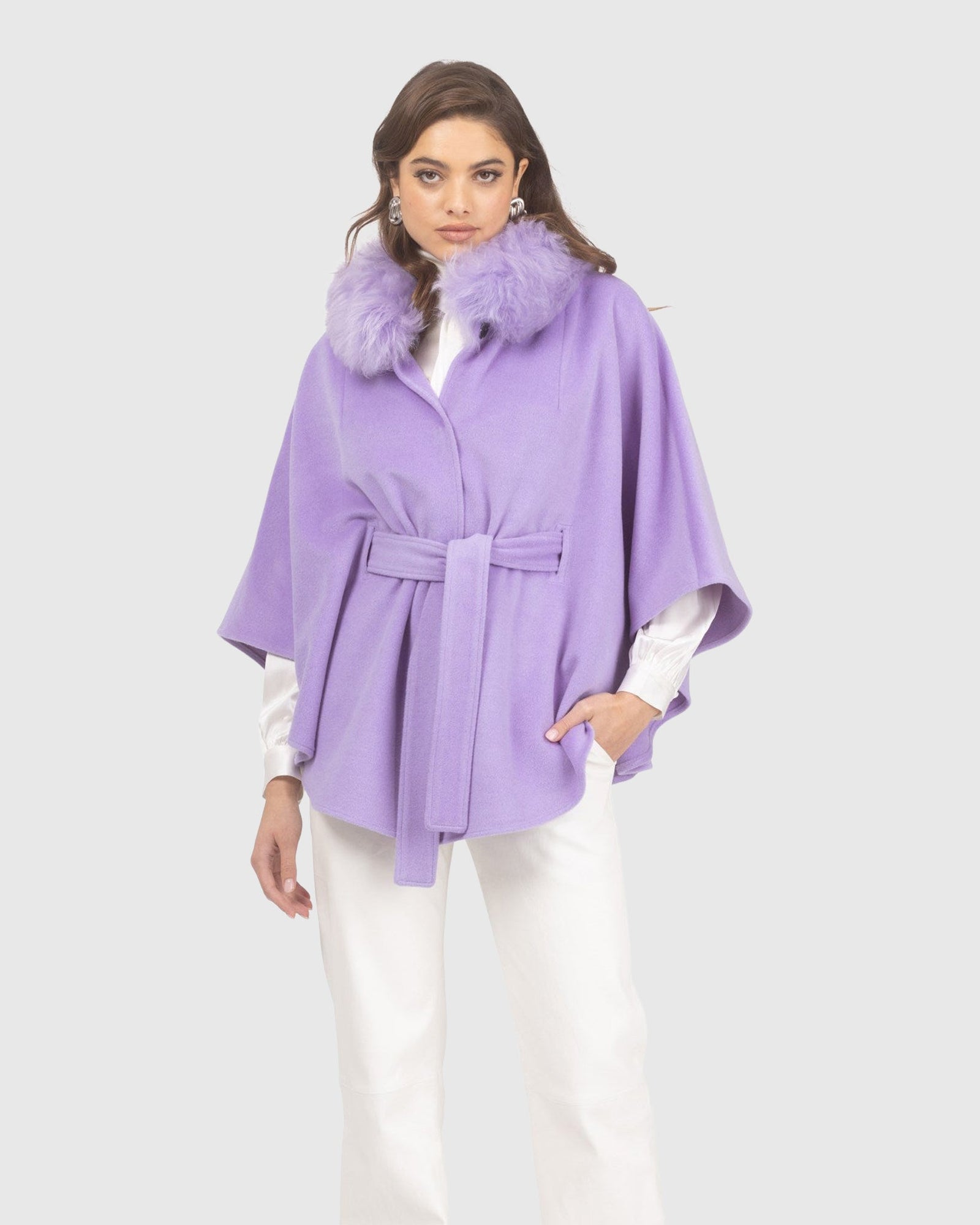 Select Wool Belted Cape with Select Lamb Collar | Lilac