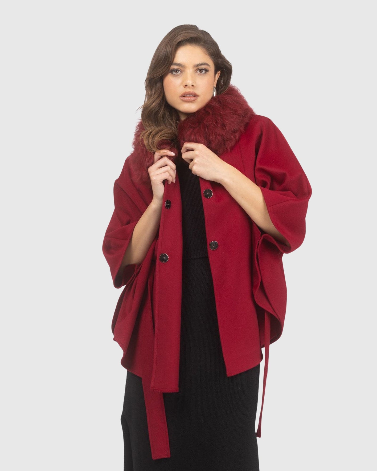 Select Wool Belted Cape with Select Lamb Collar | Wine