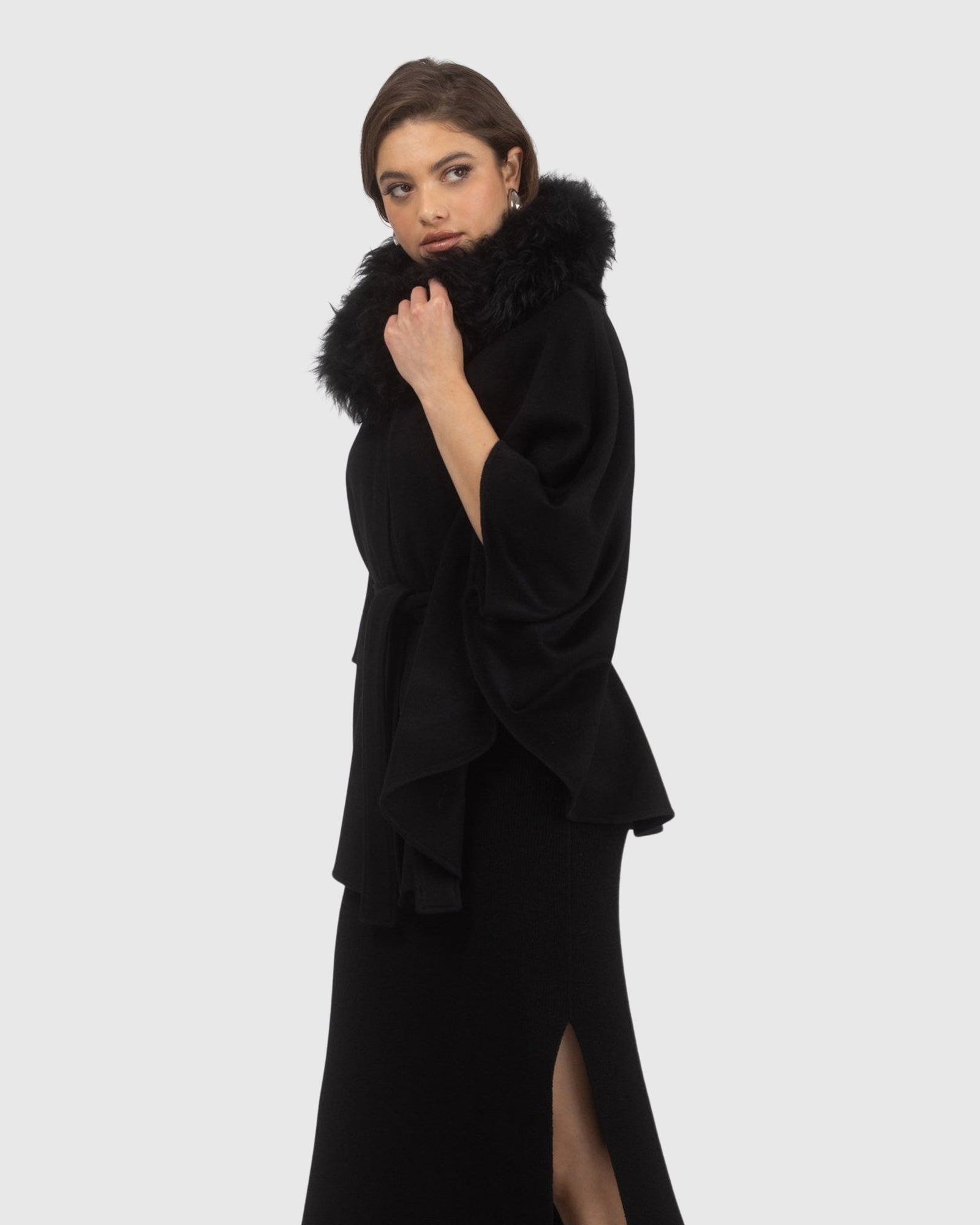 Select Wool Belted Cape with Select Lamb Collar | Black