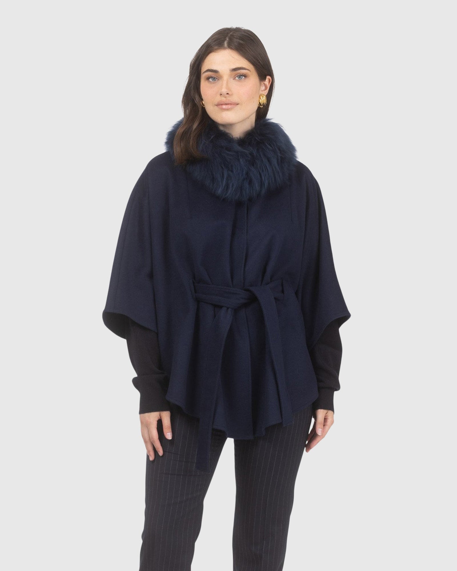 Select Wool Belted Cape with Select Lamb Collar | Navy