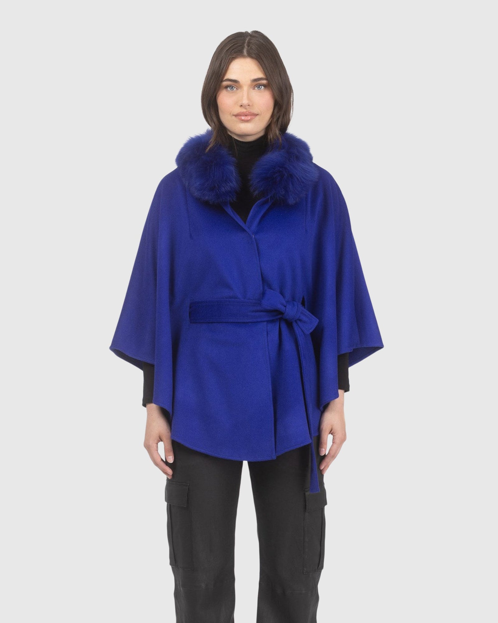 Select Wool Belted Cape with Select Lamb Collar | Cobalt Blue