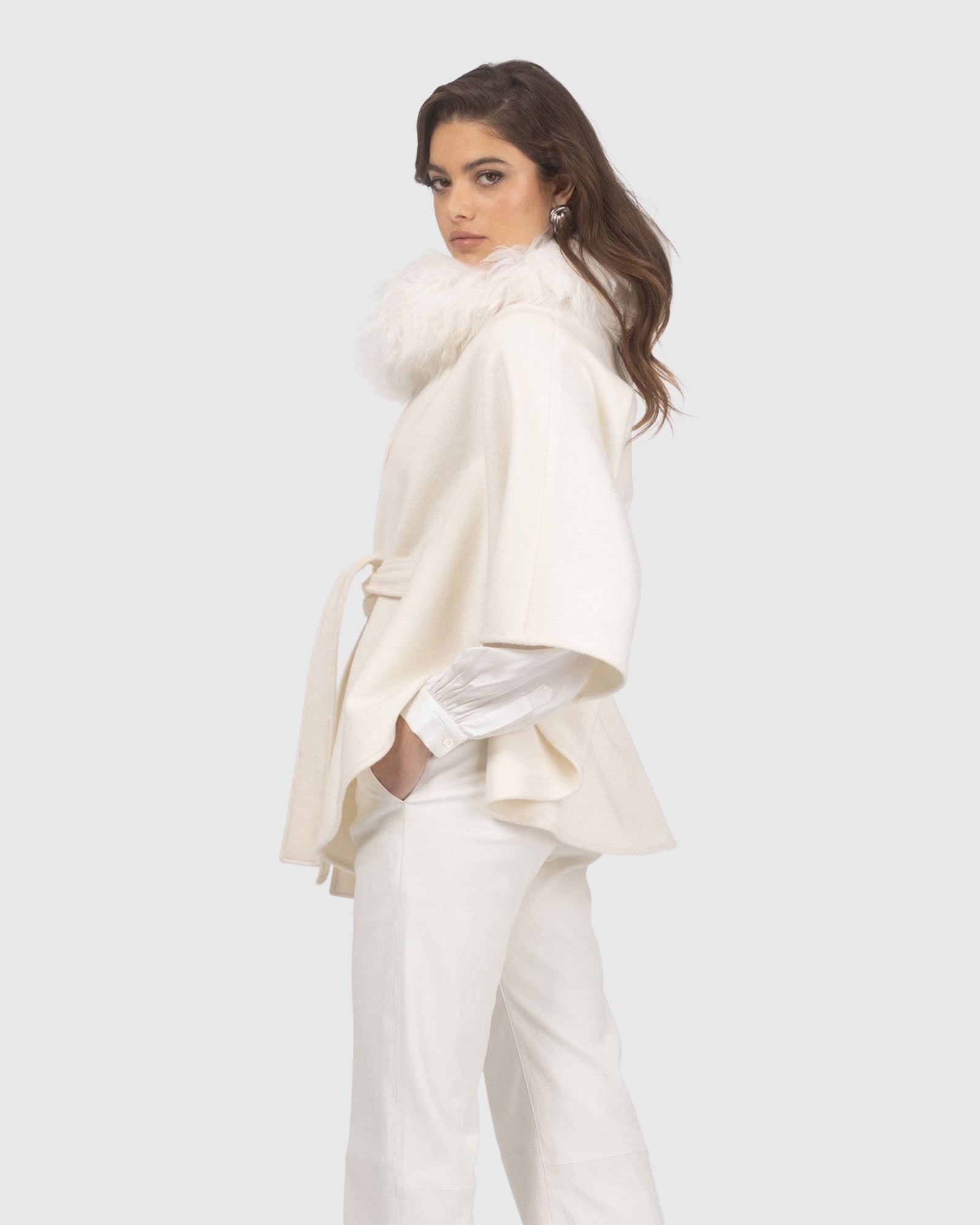Select Wool Belted Cape with Select Lamb Collar | Ivory