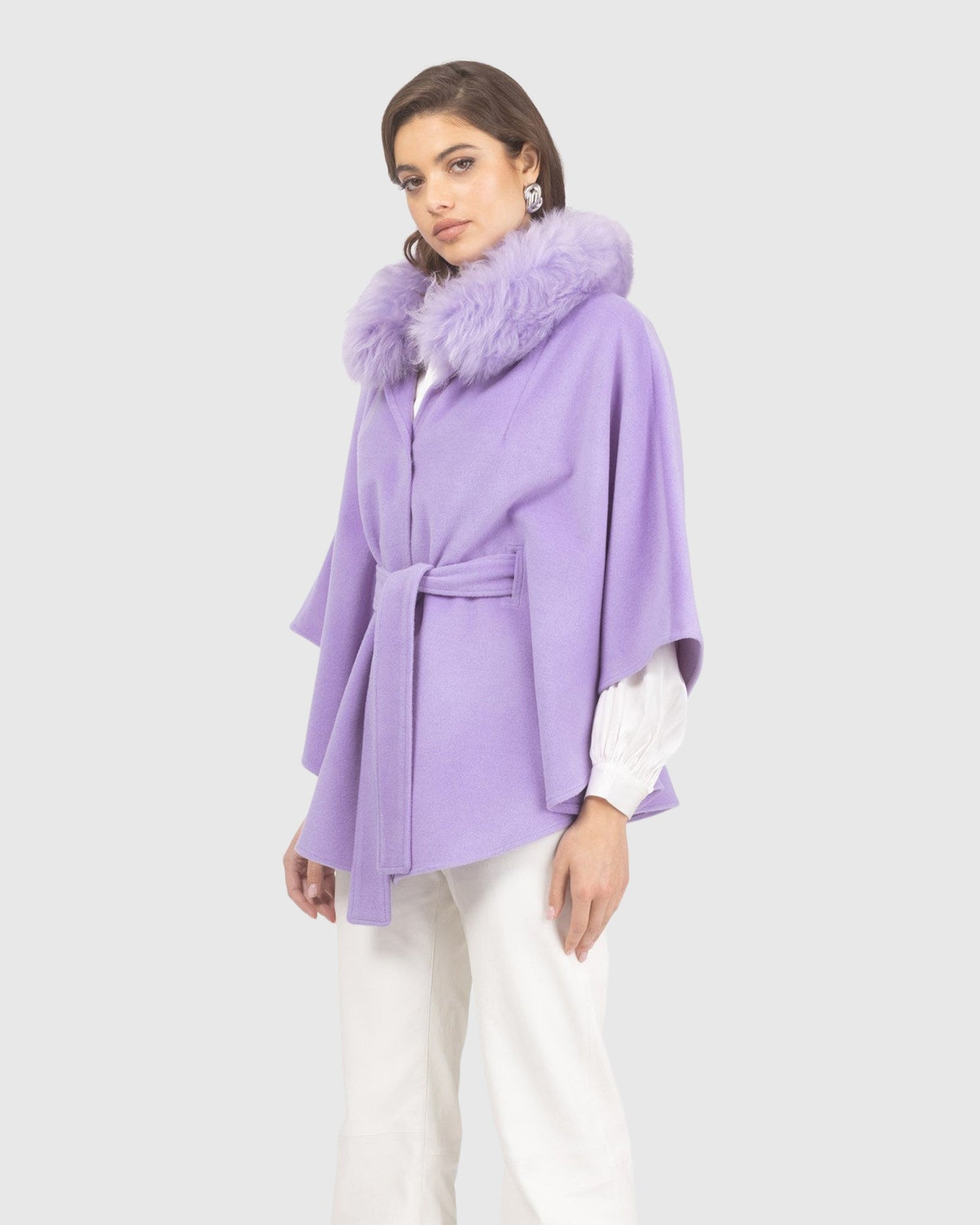 Select Wool Belted Cape with Select Lamb Collar | Lilac