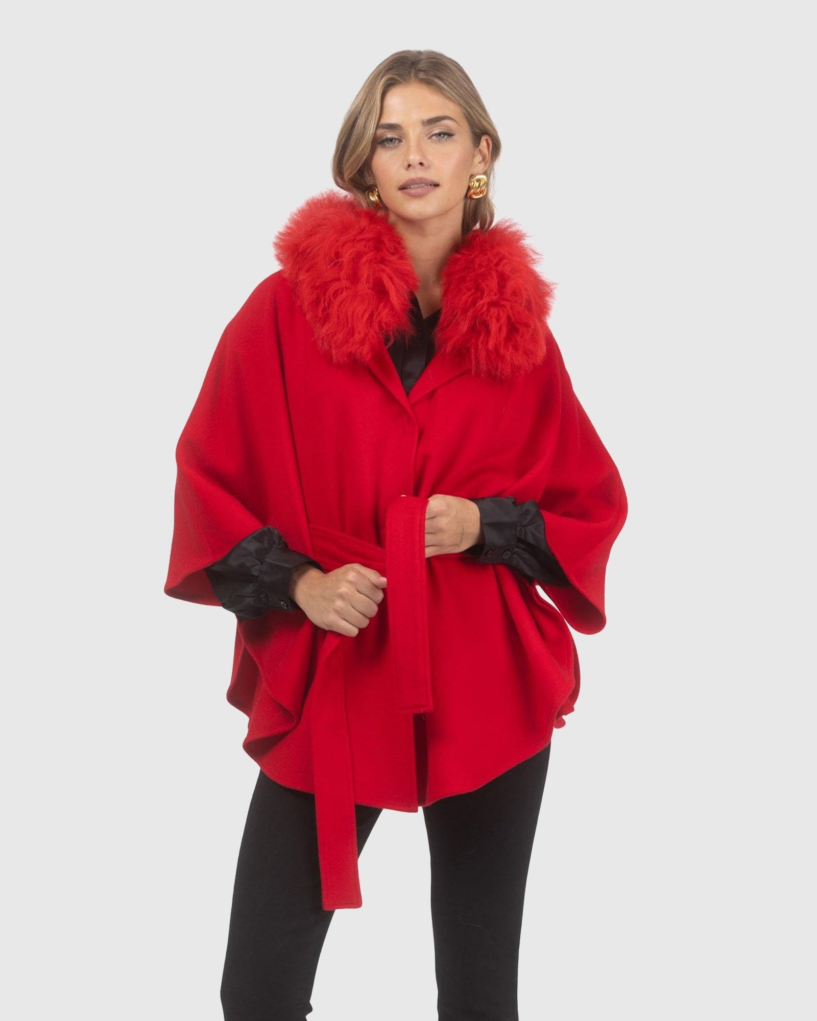 Select Wool Belted Cape with Select Lamb Collar | Red