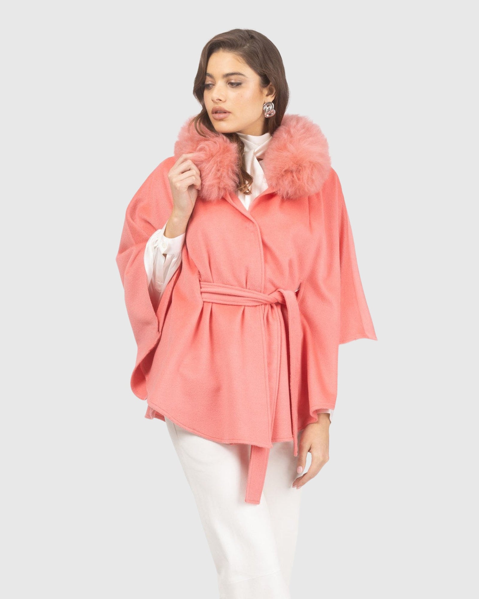 Select Wool Belted Cape with Select Lamb Collar | Coral