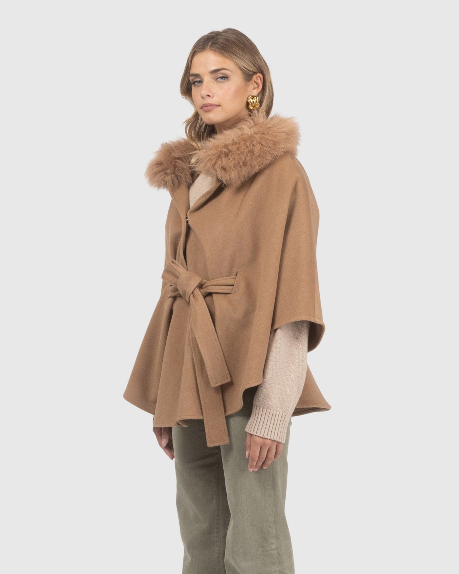 Select Wool Belted Cape with Select Lamb Collar | Camel
