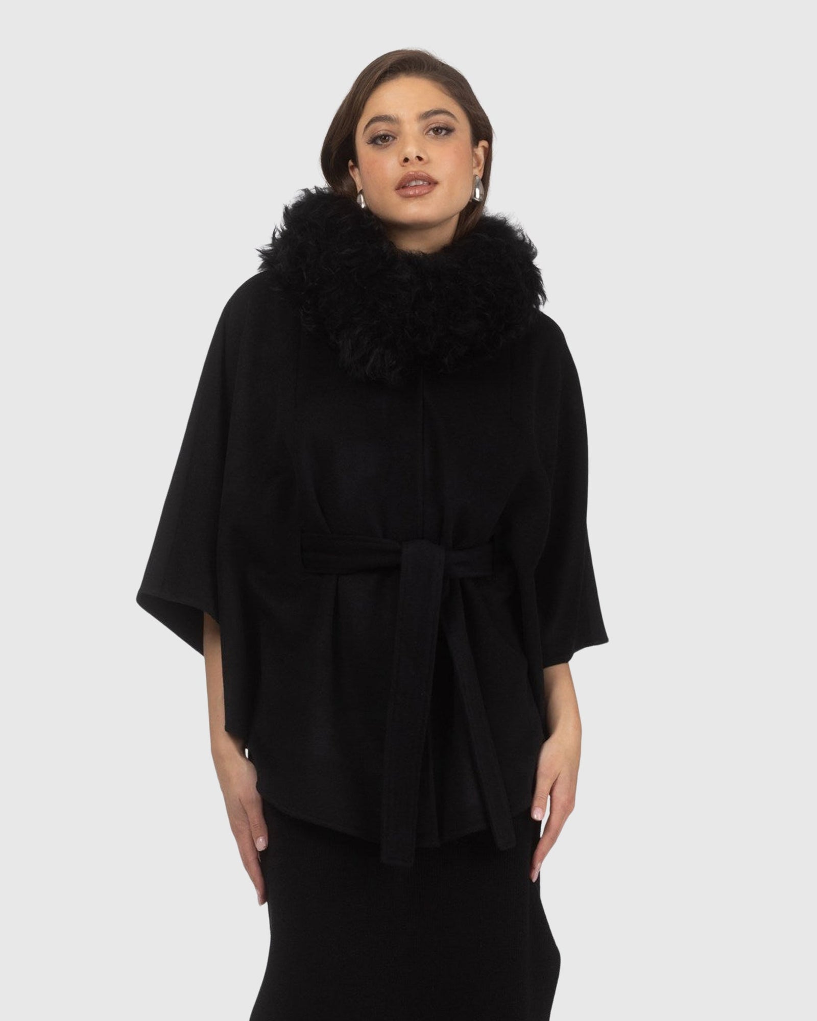 Select Wool Belted Cape with Select Lamb Collar | Black