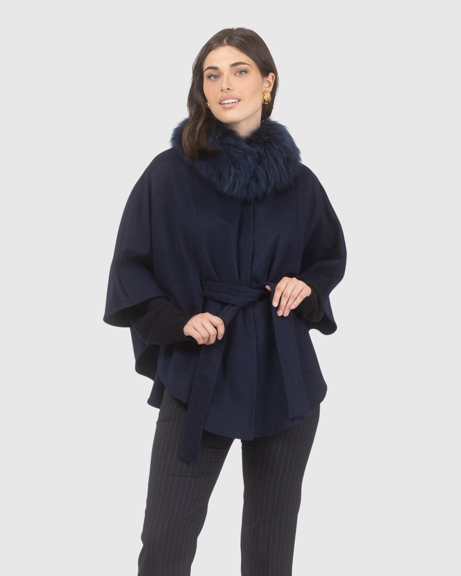 Select Wool Belted Cape with Select Lamb Collar | Navy