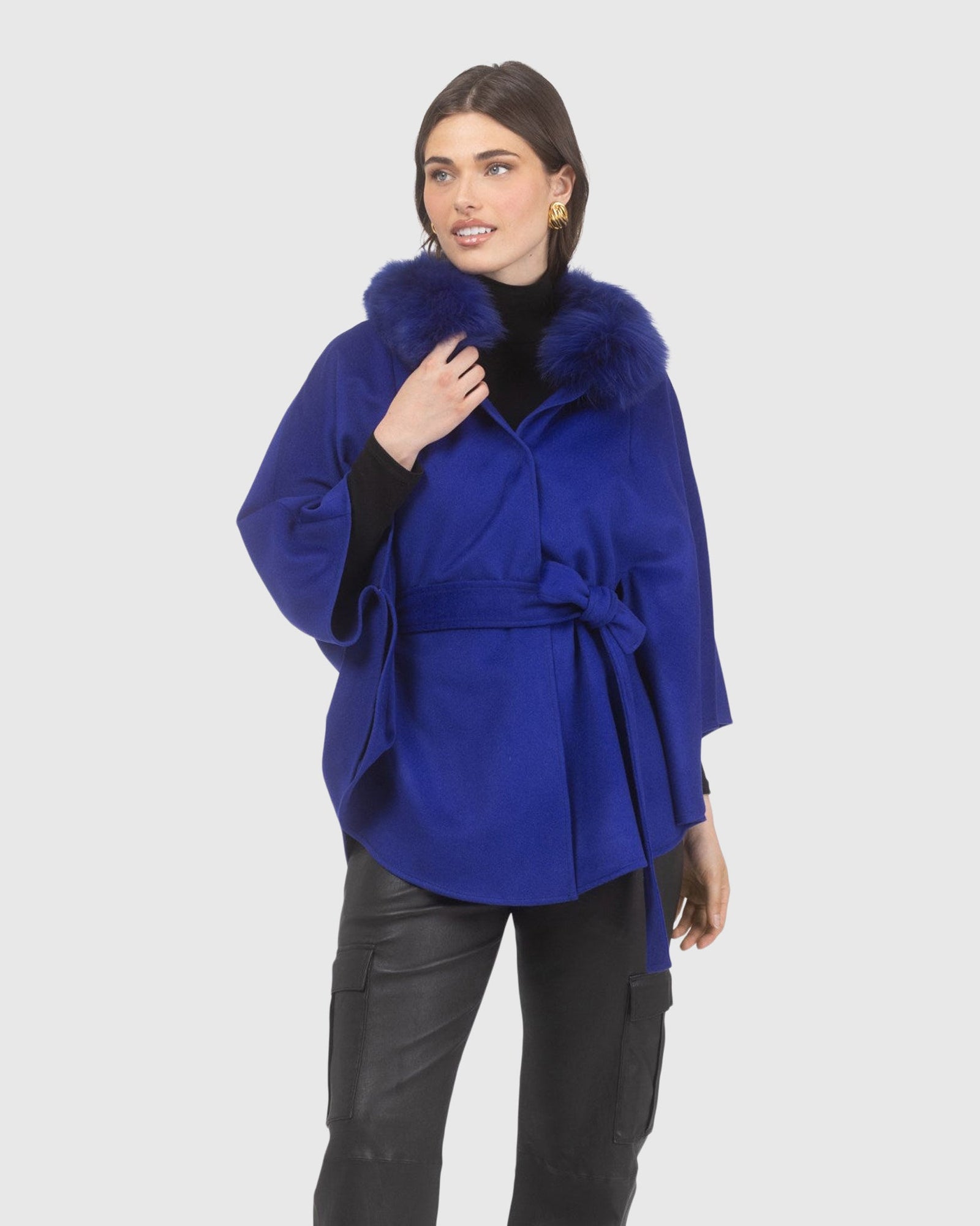 Select Wool Belted Cape with Select Lamb Collar | Cobalt Blue