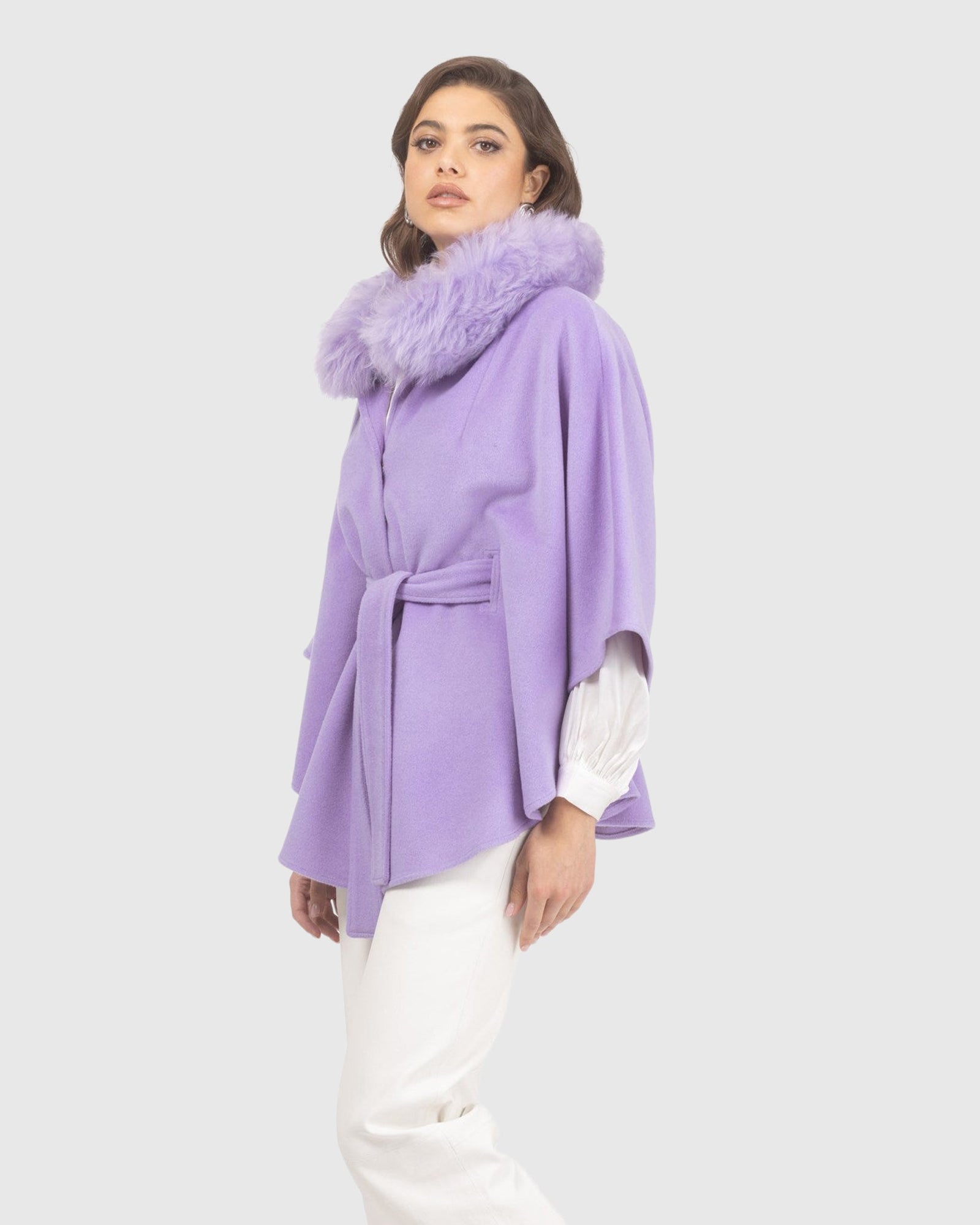Select Wool Belted Cape with Select Lamb Collar | Lilac