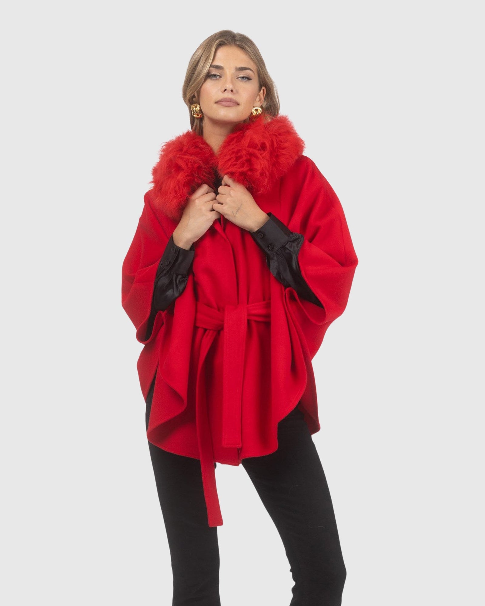 Select Wool Belted Cape with Select Lamb Collar | Red
